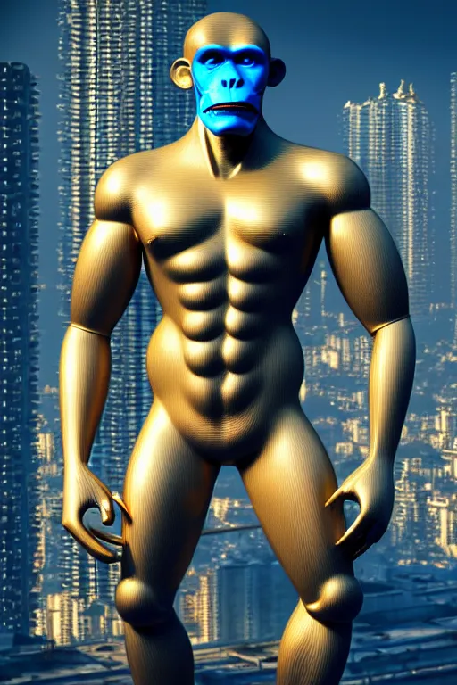 Image similar to high quality 3 d render ultra realistic mischievous cyborg muscular man monkey blue hybrid sitting, gold madhubani, highly detailed, cyberpunk!! mumbai in the background, unreal engine cinematic smooth, szukalski, moody light, low angle, uhd 8 k, sharp focus