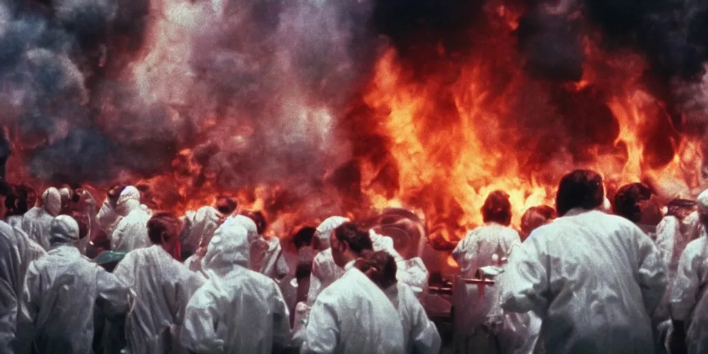 Prompt: filmic closeup dutch angle movie still 4k UHD 35mm film color photograph of a crowd of doctors burning alive inside of a science lab , in the style of a 1980s horror film