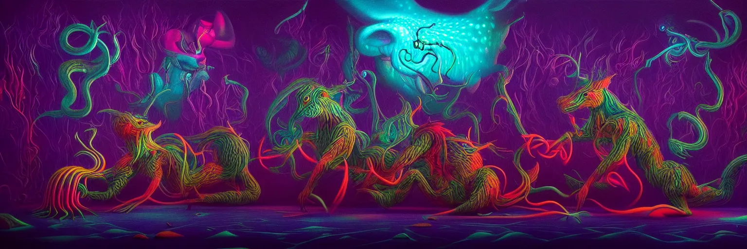 Image similar to microscopic mythical creatures from the depths of the collective unconscious, dramatic lighting with shallow dof, surreal darkly colorful painting by ronny khalil