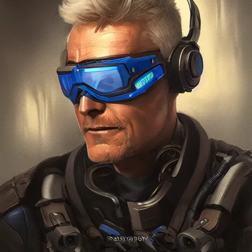 Image similar to science-fiction character portrait of Soldier 76 from Overwatch, wearing cybernetic visor, dystopian mood, intricate, wild, highly detailed, digital painting, artstation, upper body, concept art, smooth, sharp focus, illustration, art by artgerm and greg rutkowski and alphonse mucha