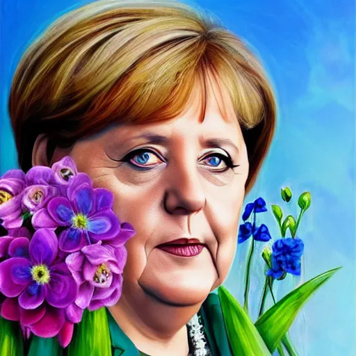 Image similar to a portrait of Angela Merkel with flowers grow out of hair, roses peonies forget-me-nots dahlias lupins gladioli, sky theme in background, by Alexandr Averin, Digital Art, Trending on artstation