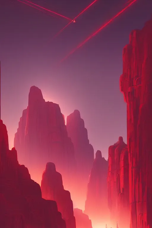 Prompt: futuristic temples glowing red in canyon, monks, light streaks in the sky, floating planets, dramatic lighting, artstation, matte painting, ralph mcquarrie, simon stalenhag