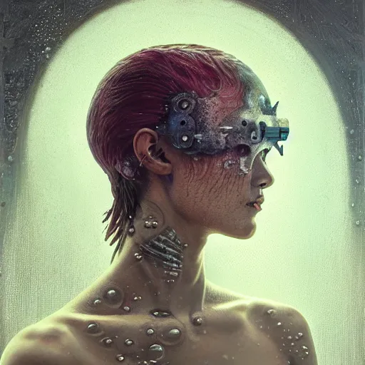 Prompt: portrait of punk cyborg woman, water particles floating in the air, finely detailed facial features, weathered drawing, film grain, painted art by tsuyoshi nagano, greg rutkowski, artgerm, alphonse mucha, spike painting