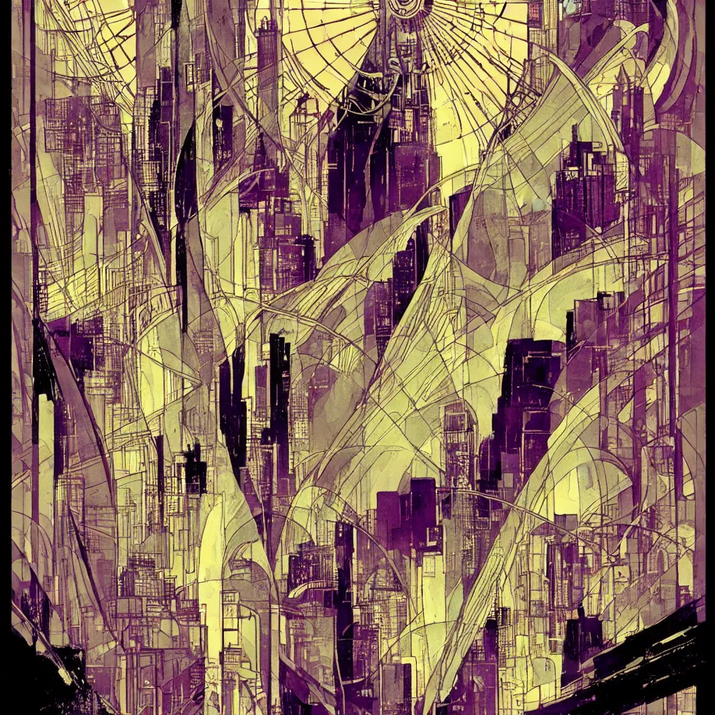 Image similar to bill sienkiewicz art nouveau city