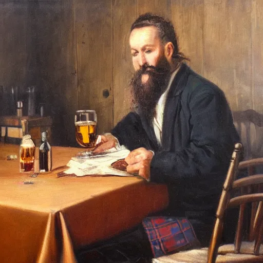 Image similar to oil painting of a man with a beard sitting a table in an old wooden house drinking whisky, bread visible on the table, detailes