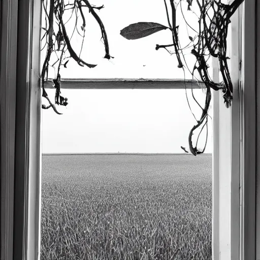 Image similar to a cinematic view looking out a window into an open field, wind blows the leaves