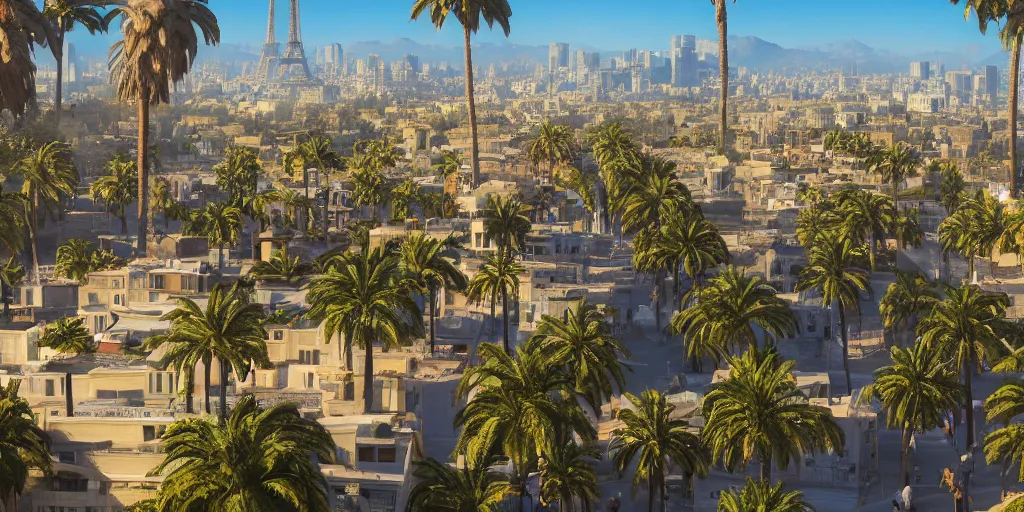 Image similar to landscape of the beautiful city of paris rebuilt near the pacific ocean in sunny california, amazing weather, sandy beach, palm trees, splendid haussmann architecture, digital painting, highly detailed, intricate, concept art, matte painting, trending on artstation, octane render, 8 k, unreal engine