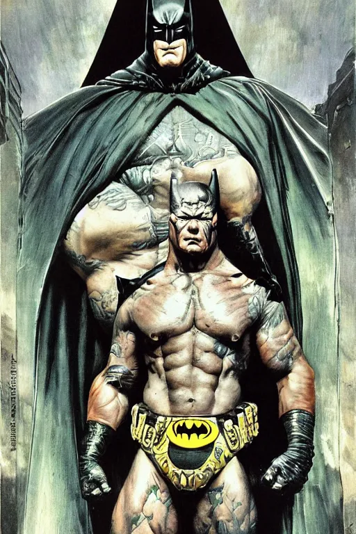 Prompt: full length portrait of hulking martyn ford as evil batman, by lawrence alma tadema and zdzislaw beksinski and norman rockwell and jack kirby and tom lovell and greg staples and michael alford