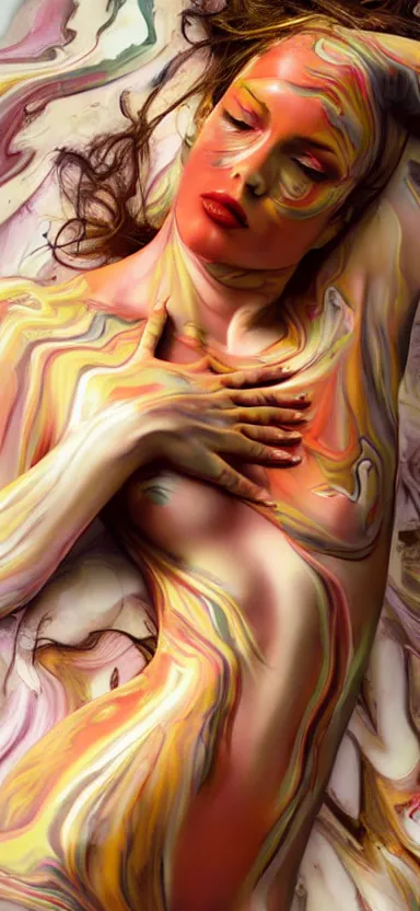 Image similar to 3 d female body silhouette sleeping in marbling liquid acrylic fluid, art noveauand art deco, gold, cinestill, bokeh photography, photography by amy leibowitz and volfgang schneider, bodypainting, painting by morava and goldalh, artstation, epic concept art, beautiful female face matte painting