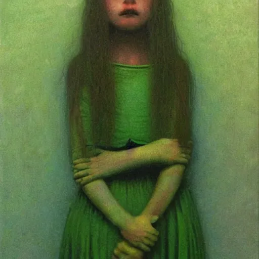 Prompt: young female in green dress, painting by Beksinski
