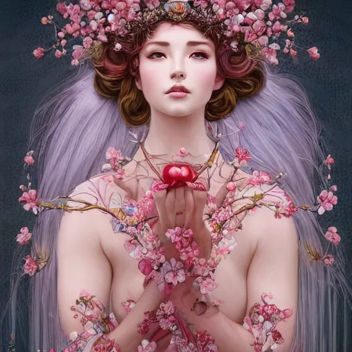 Image similar to a photograpic portrait of a anthropomorphic cherry - blossom queen spirit, fantasy, intricate, elegant, highly detailed, digital painting, artstation, concept art, smooth, sharp focus, illustration, art by artgerm and h r giger and alphonse mucha