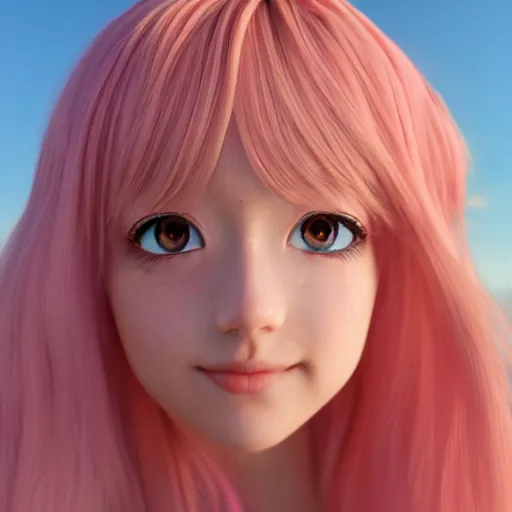 Prompt: Selfie render of a cute 3d anime girl, long pink hair, full bangs, hazel eyes, cute freckles, soft smile, golden hour, beach setting, medium shot, mid-shot, trending on Artstation,