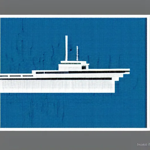 Image similar to a blue white black ferry at the sea, pixelart