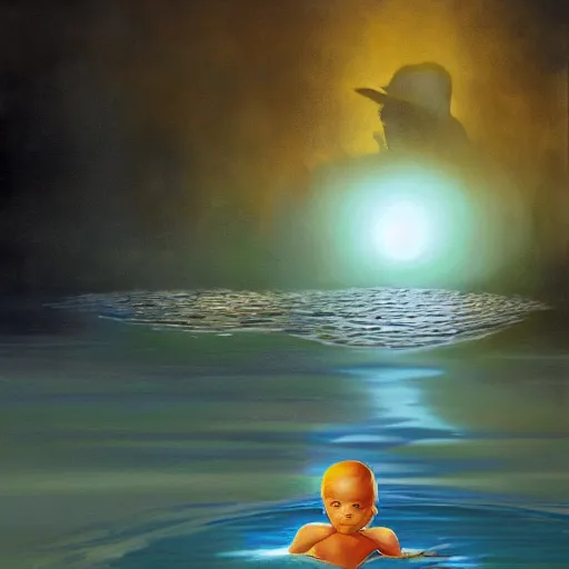 Image similar to a retro realistic illustration of a ghost!!! shining in a lake while a black kid! stares at it with a florest! in the background, realistic, volumetric light, detailed oilpainting by Pauline Baynes, trending on artstation.