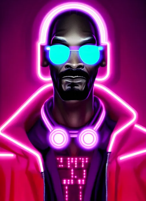 Prompt: portrait of snoop dog cyber humanoid, intricate, elegant, cyber neon lights, highly detailed, digital painting, artstation, glamor pose, concept art, smooth, sharp focus, illustration, art by artgerm and greg rutkowski