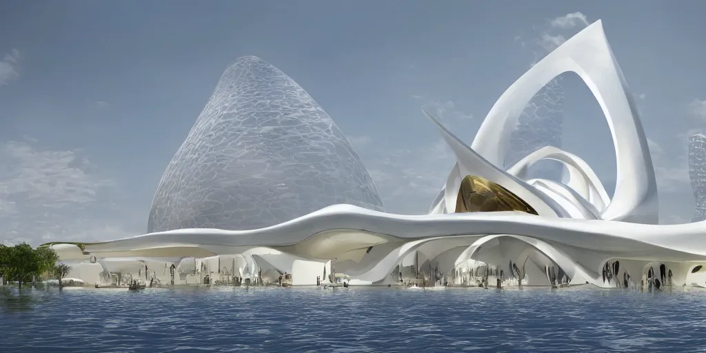 Prompt: mosque floating spaceship by zaha hadid, golds fantasy world