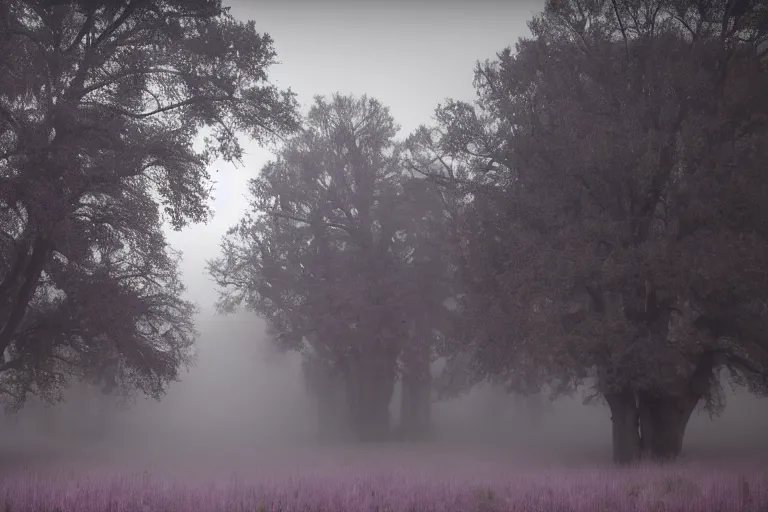 Image similar to purple hills in fog, trees made of liquid melted wax paper, tall red brutalist desert gothic cathedral