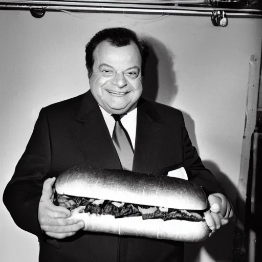 Prompt: Paul Sorvino smiling dressed in a gray suit and necktie holding a submarine sandwich, 35mm film still from 1989, full body shot