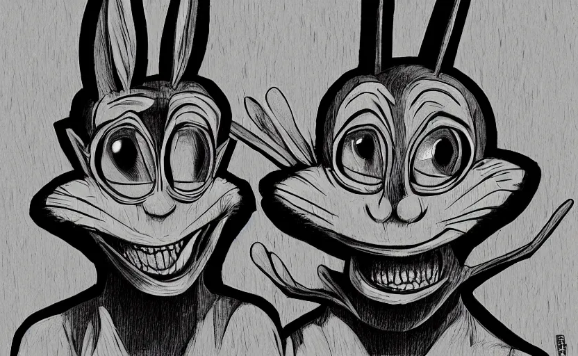 Prompt: Evil Bugs Bunny, Bad Acid Trip, Nightmare fuel, deceptive, conniving, malevolent, wicked, uncomfortable crooked smile, wide eyed, stiff necked, by Salvador Dhali