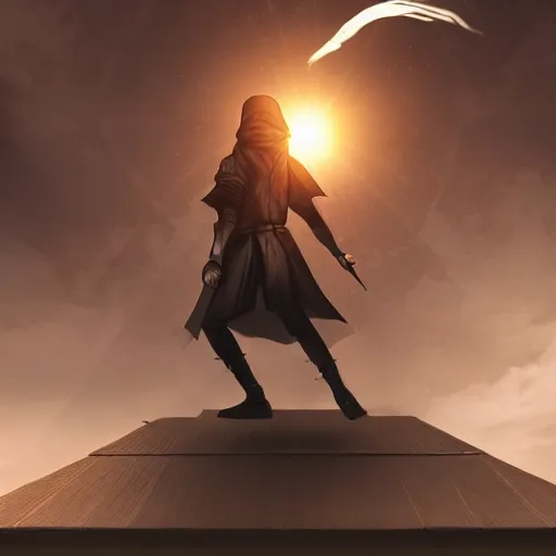 Image similar to a shrouded ninja standing on a pagoda, angled shot, style of ross tran, painterly, fantastic detail, lens flare, global illumination