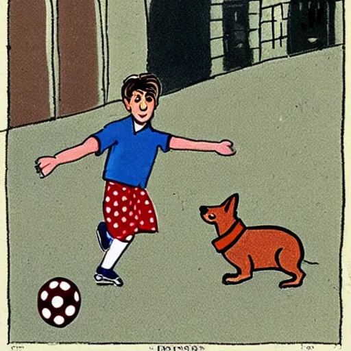 Image similar to illustration of french boy on the streets of paris playing football against a corgi, the dog is wearing a polka dot scarf, comic, 1 9 7 2