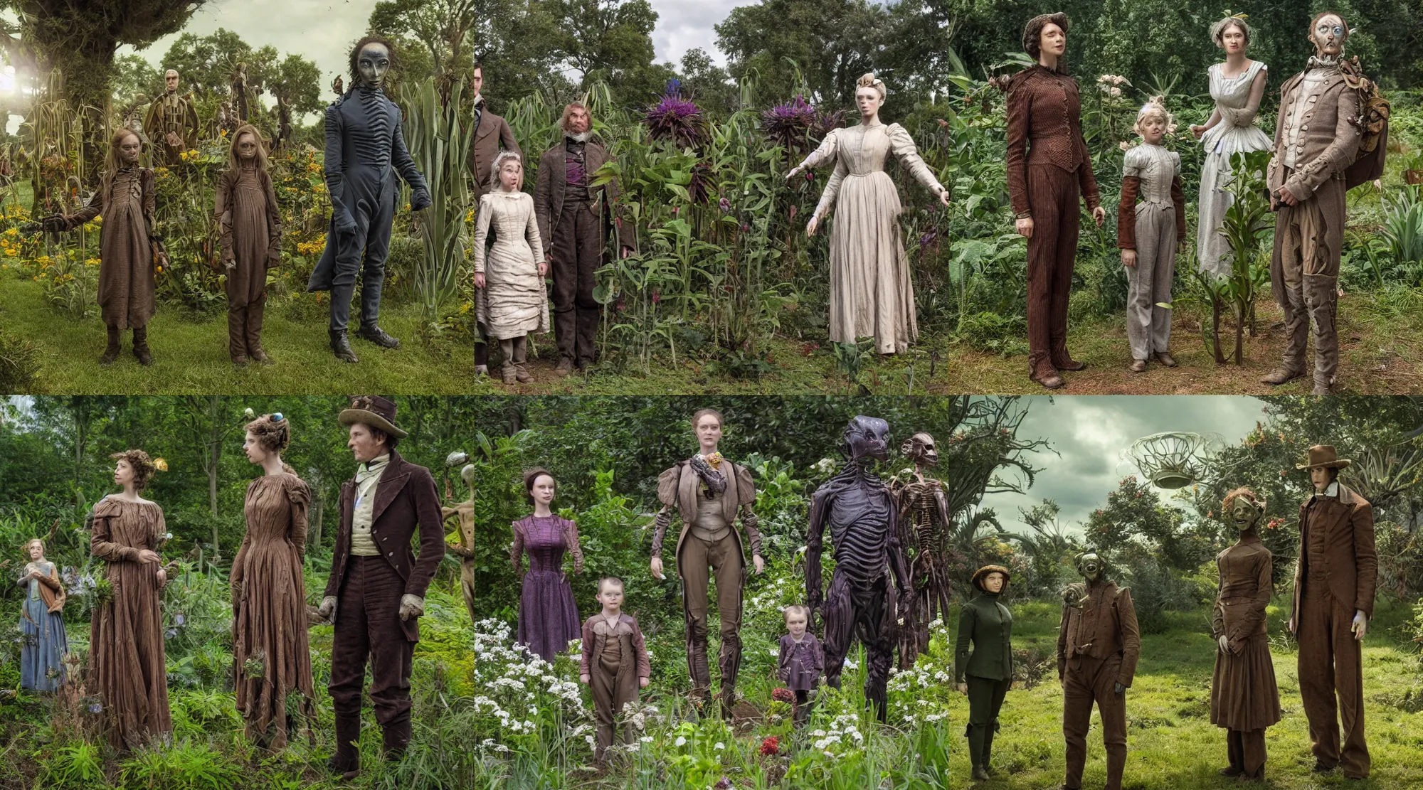 Prompt: still from a sci fi blockbuster movie made in 2022, set in 1860, of a family standing next to some strange wild alien plants and flowers, wearing 1850s era clothes, a humanoid alien standing nearby, in a park on a strange alien planet, good lighting, 4k, in focus faces, detailed faces, oscar winner, 35mm macro lens