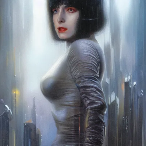 Image similar to an portrait of an happy female replicant from blade runner, detailed, centered, digital painting, artstation, concept art, donato giancola, Joseph Christian Leyendecker, WLOP, Boris Vallejo, Breathtaking, 8k resolution, extremely detailed, beautiful, establishing shot, artistic, hyperrealistic, beautiful face, octane render