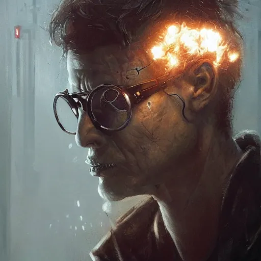 Image similar to case, close - up portrait of an augmented middle aged human smoking a cigarette, neuromancer, painted by seb mckinnon, high detail, dramatic light, digital art, painted by greg rutkowski, promotional movie posterart, trending on artstation