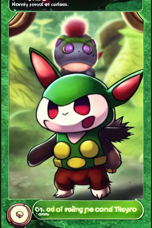 Image similar to teemo, a pokemon trading card of teemo, highly detailed pokemon trading card screenshot