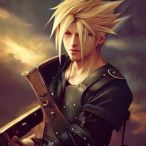 Image similar to a portrait painting ofcloud strife from final fantasy 7, midgard steam punk city as backdrop, by greg rutkowski, artgerm, wlop, ruan jia, krenz cushart, alphonse mucha, marble, gold, unreal engine 5