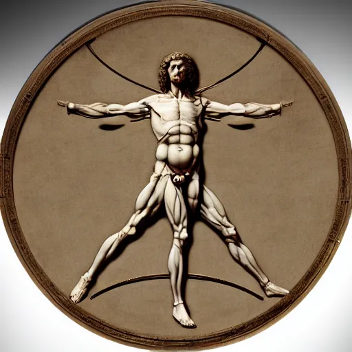 Prompt: Da Vinci's Vitruvian Man as a marble sculpture by Michelangelo, gold medallion, 4k, hyper realistic, detailed, accurate anatomy, four legs, four arms, octane render, well lit studio lighting