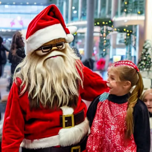 Prompt: chewbacca as the santa - claus - at - the - mall taking kids christmas wishes