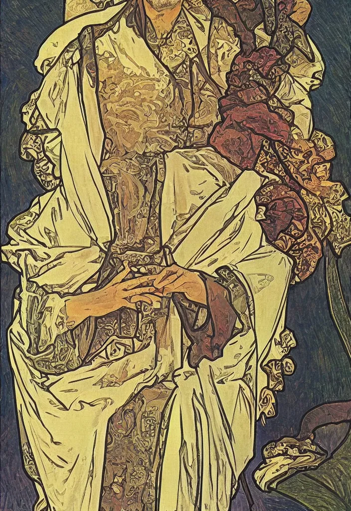 Image similar to old geoffrey hinton as the emperor on a tarot card, tarot in art style by alphonse mucha