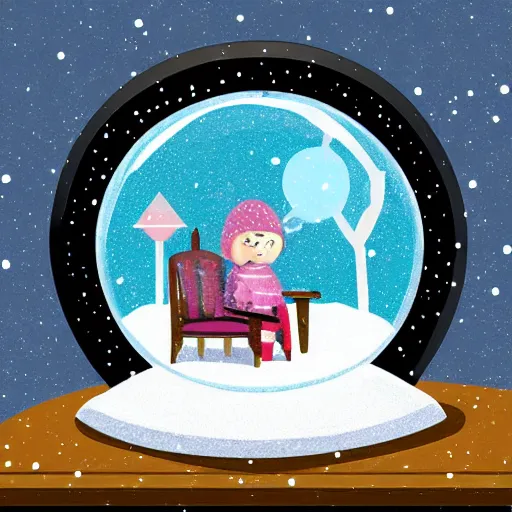 Prompt: a snow-globe with a single chair inside of it. Illustration-n 6