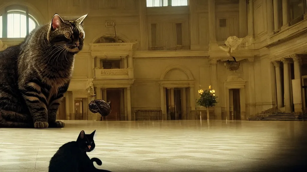 Image similar to the giant cat in city hall, film still from the movie directed by denis villeneuve and david cronenberg with art direction by salvador dali, wide lens