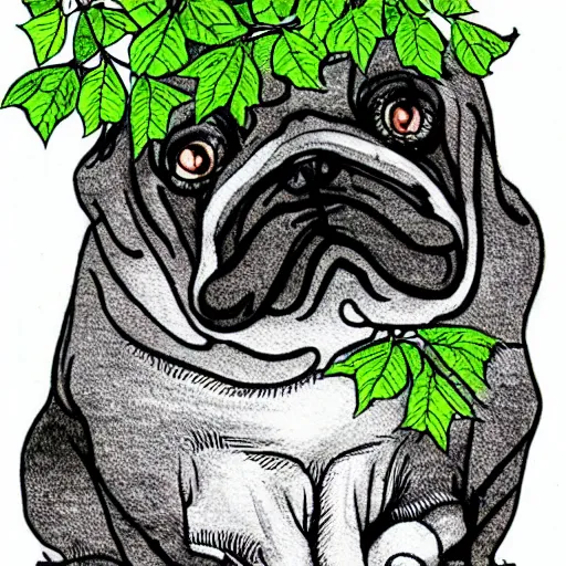 Prompt: a lovecraftian pug sitting in a tree on a branch | the branch has 1 2 green leaves | illustration, very detailed, pen, ink and watercolors, drawn by brian bolland
