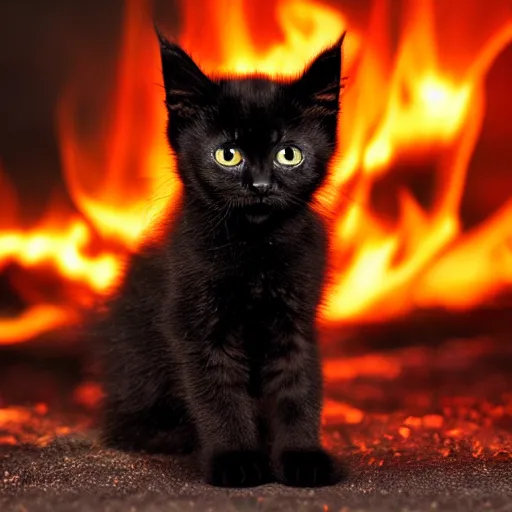 Image similar to extreme long shot of a cute black kitten engulfed in fire, burning, standing in fire, at night, award winning photo, high detail, atmospheric 8k