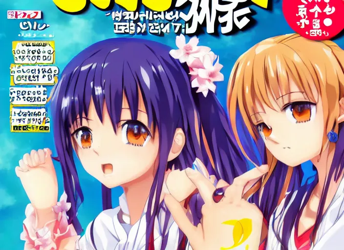 Image similar to ;Weekly Shonen Jump Issue 14, cover, 2000 clannad shuffle toheart event'anime illustration japanese very very beautiful cute girls doing cute things trending on artstation pixiv makoto shinkai smiling super detailed eyes eyebrowless symmetry face visual novel hairpin star