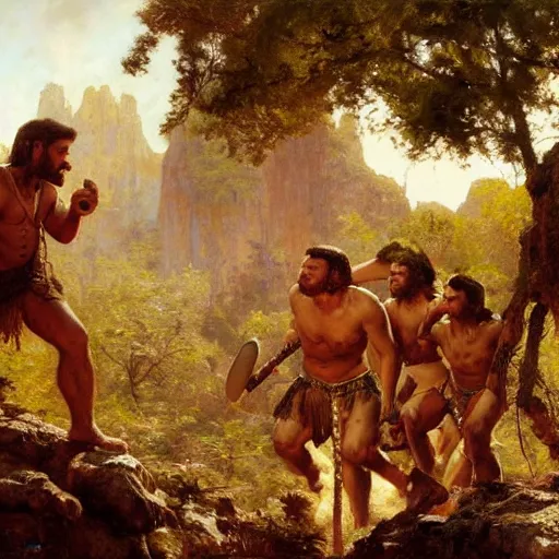 Prompt: trekkers discovering an hidden tribe of neanderthals, highly detailed painting by gaston bussiere, craig mullins, j. c. leyendecker, 8 k, mid shot