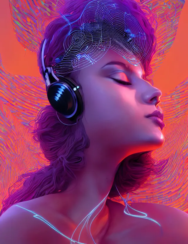 Image similar to 3 d goddess of music and 🔊 wide angle portrait with musical notes, headphones, subwoofers, and speakers. music, wave frequencies, cymatics. auditory symbiogenesis, synaesthesia, polyphonic communication, sonic projection, artwork by tooth wu and android jones wlop and android jones and beeple and greg rutkowski