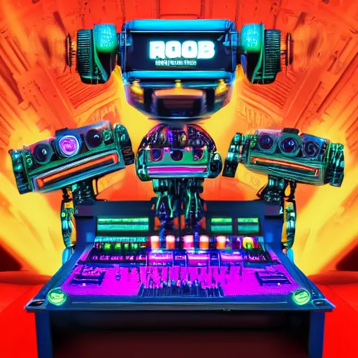 Image similar to album art, text roborock, 3 dieselpunk robot heads with robot arms on a dj desk with a cd mixer, 8 k, fluorescent colors, halluzinogenic, multicolored, exaggerated detailed, front shot, 3 d render, octane