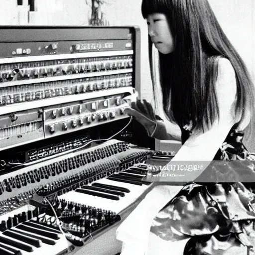 Image similar to 1 9 7 0 s photo of a female japanese musician playing a vintage modular synthesizer, hazy, faded