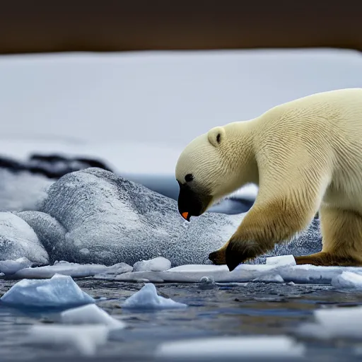 Image similar to hyperrealistic photo of pingu in real life, arctic wildlife photographer's picture, extremely detailed, impressive shading, polar bears in the beakground