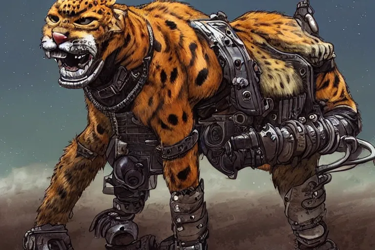 Image similar to a good ol'jaguar fursona ( from the furry fandom ), heavily armed and armored facing down armageddon in a dark and gritty version from the makers of mad max : fury road. witness me.