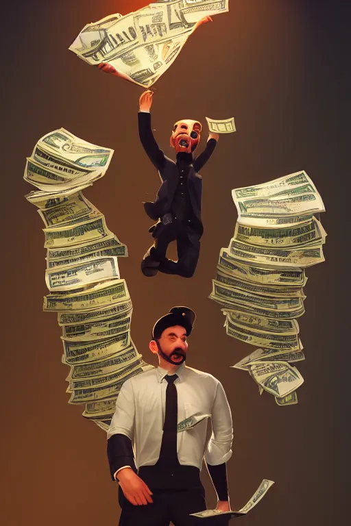 Image similar to a dynamic digital painting and illustration of buzy waiter getting stack of dollars, rendered in octane, cgsociety, artstation, cinematic lighting, 4K, very intricate, HDR