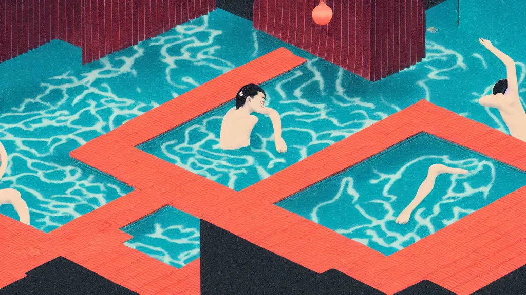 Image similar to japan onsen, a collage painting, in the style of wes anderson, lola dupre, david hockney, isolated on negative space background dark monochrome neon spraypaint accents volumetric octane render