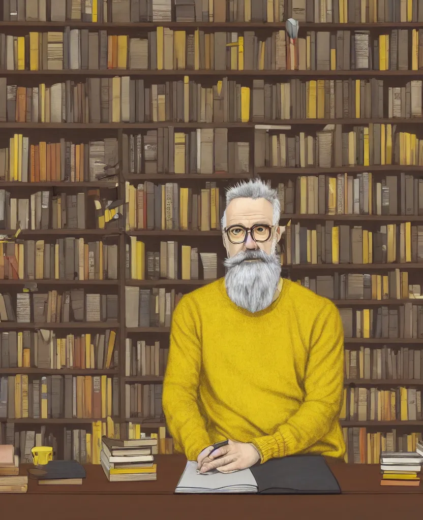 Image similar to Middle-aged professor with a short gray beard and short spiky hair wearing a yellow sweater sits at desk in his study with a expansive bookshelf crammed with books in the background, hyperrealistic, portrait, concept art, illustration, 8k, artstation, digital painting