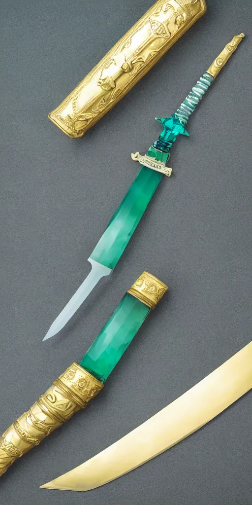 Image similar to photograph of a wide green and teal crystal sword with a big gold sword hilt