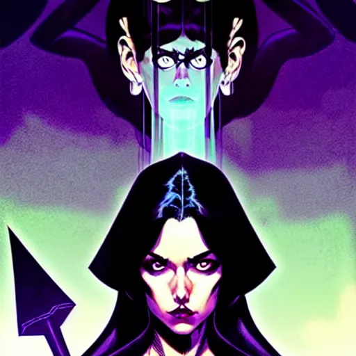 Prompt: rafael albuquerque comic cover art, artgerm, joshua middleton, pretty stella maeve witch doing black magic, serious look, purple dress, symmetrical eyes, symmetrical face, long black hair, twisted evil dark forest in the background, cool colors