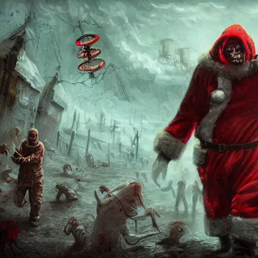 Image similar to Santa engages Armageddon mode, zombie, help, intricate detail, lovecraftian, intense, brutal, digital painting, fine stylization, UHD, 8K